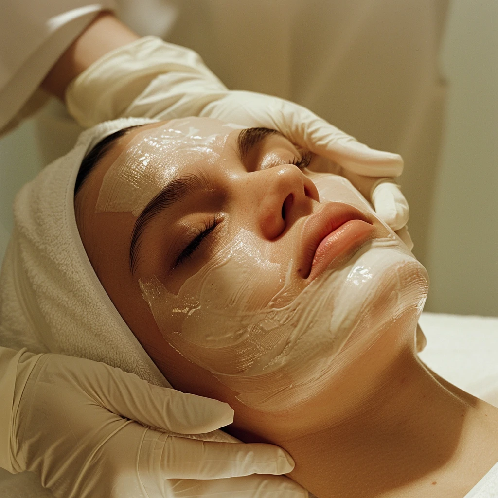 A person with closed eyes receives a facial treatment, wearing a white headband and a mask applied by gloved hands.