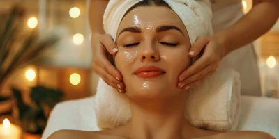 A woman with a towel on her head receives a facial massage in a spa setting with soft, warm lighting.