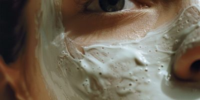 Close-up of a person’s face with a cream or clay facial mask applied to the skin.
