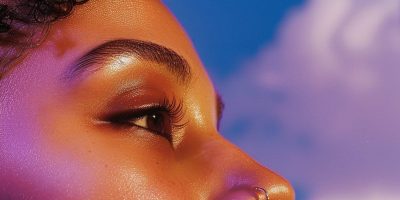 Close-up of a person’s face in profile with glowing skin, a nose ring, and a blue sky with clouds in the background.